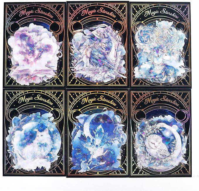 AuriicLeaf Magical PET Sticker Set, 60Pcs Fantasy Holographic Stickers for Scrapbooking, Journaling, DIY Crafts, and Collage Supplies