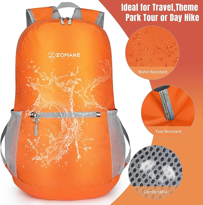 ZOMAKE Ultra Lightweight Hiking Backpack 20L, Packable Small Backpacks Water Resistant Daypack for Women Men(Orange)