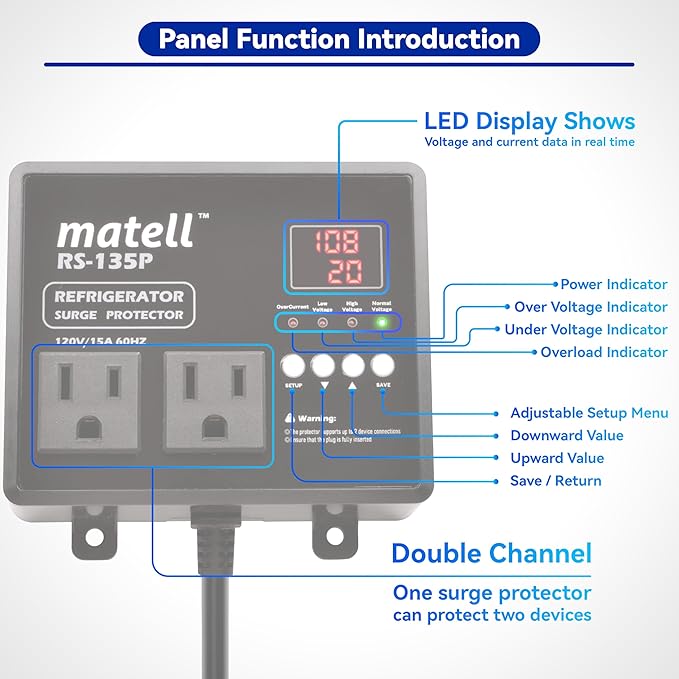 matell Refrigerator Surge Protector, Double Outlet Voltage and Current Protector for Home Appliances with Time Delay, Spike, Instant Surge All Voltage Abnormalities,Protects Against Brownout