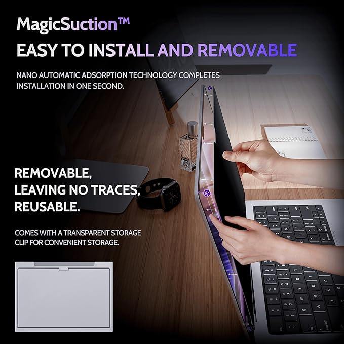 Peslv Privacy Screen for MacBook Pro 14 Inch (2021-2025, M1, M2, M3, M4, M5), MagicSuction™ Removable Anti Spy Black Protector, Glare Blue Light Filter for Mac Laptop Computer