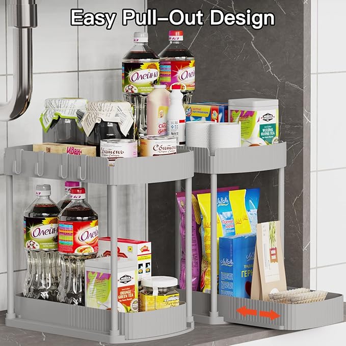 2 Pack Multi-Purpose Pull-Out Storage Organizers, Under Sink Organizers and Storage for Bathroom & Kitchen, Under Cabinet Organizers and storage, 12.8 Inch, Grey