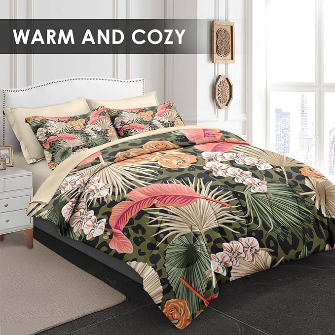 Comforter Set King Size, Summer Tropical Flowers 7 Pcs Bedding for Kids and Adults, Hawaiian Palm Leaf Leaves Bed Sheet Sets with Fitted Sheet 2 Pillowcase & 2 Sham for Bedroom Bed Decor