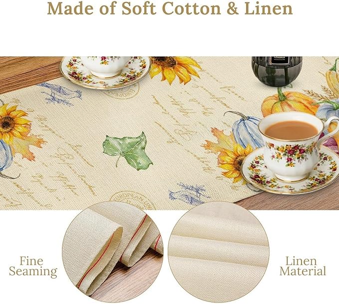 Fall Table Runner Watercolor Pumpkins Sunflowers Maple Leaves Baroque Floral Birds Country Thanksgiving Home Decor for Farmhouse Indoor Outdoor Party Holiday Dining Kitchen Restaurant Cafe W13xL72in