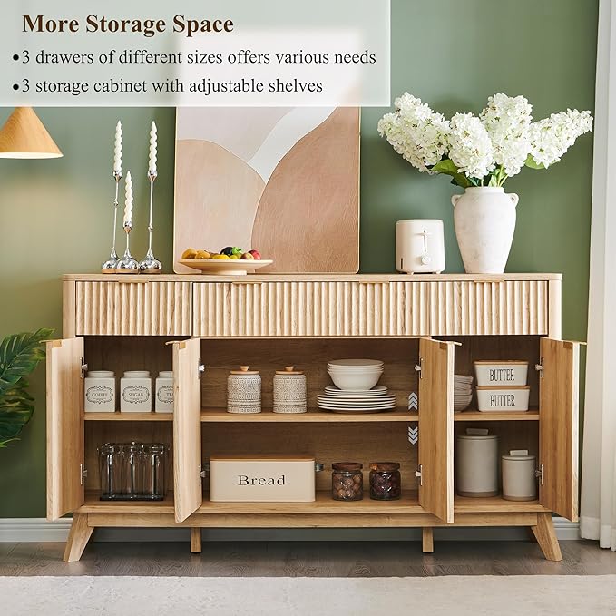 T4TREAM Large Buffet Sideboard Cabinet with Storages, 60" Fluted Modern Buffet Table Coffee Bar Wine Bar Storage Cabinet with 3 Drawers & 4 Doors for Dining Room, Living Room, Hallway(Natural Oak)