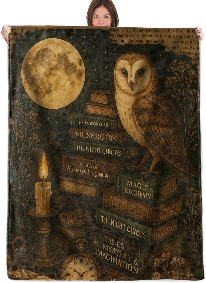 Mystical Owl and Moon Throw Blanket Gifts for Boys Girls Kids Adults, Vintage Magic Books Theme Flannel Blankets for Travel Sofa Living Room Decor 40"x50"