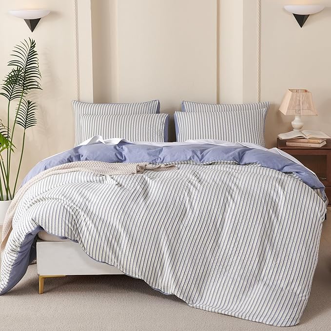 King Size Duvet Cover Blue Striped Washed Microfiber Jacquard 3 Pieces Bedding Set, White Blue Vertical Ticking Stripes Pattern Comforter Cover with Zipper Closure Breathable Durable Soft Comfy
