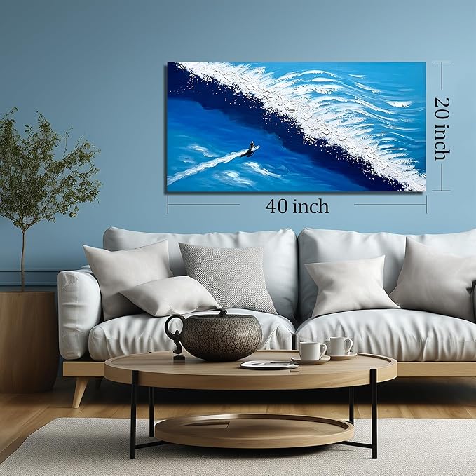 Ocean Artwork Wall Decor for Living Room Blue and White Canvas Wall Art for Office Sea Painting Wall Art for Bedroom Size 20 x 40 Inch