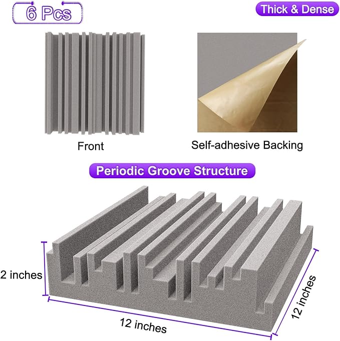 TroyStudio Self-adhesive Acoustic Foam Panels, 12 X 12 X 2 Inches 6 Pcs Broadband Sound Absorbing Foam, Dense Soundproof Padding Tile, Recording Studio Foam Absorber, Groove Decorative Wall Panel