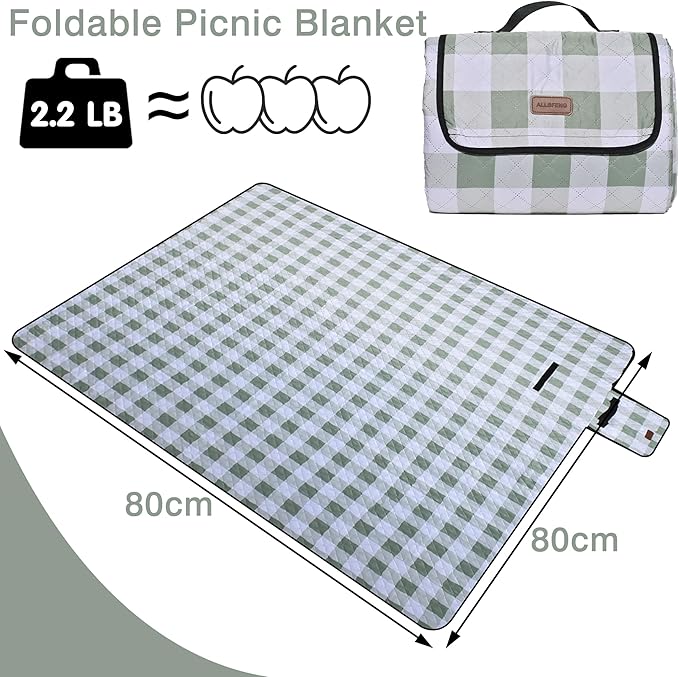 Extra Large Picnic Blanket 80''x 80'' Waterproof Foldable Picnic Mat for Beach, 5-Layer Outdoor Blanket for 6 to 8 Adults,Camping Grass Lawn Park Accessories Couple Park Wedding Registry(Green)