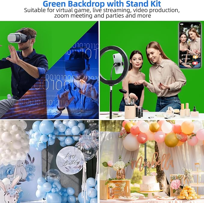 HEMMOTOP 7x5 ft(HxW) Green Screen Stand Kit, 6.5x5 ft Green Screen Backdrop with Stand for Streaming, Gaming, Zoom, Portable Greenscreen Background Kit with Clips & Carrying Case