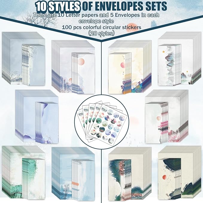 EggSun 250Pcs Japanese Stationery Paper and Envelope Set with 100 Letterhead Papers and 50 Envelopes, 10 Design for Letter Writing Invitations Computer Holidays Party Notes, 8.5x11 Inch-Flower