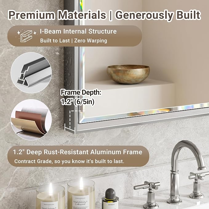 60'' x 36'' Large Beveled Silver Bathroom Vanity Mirror, Shatterproof Rectangle Silver Metal Framed Mirror for Bathroom Wall, Anti-Rust Wall-Mounted Mirror