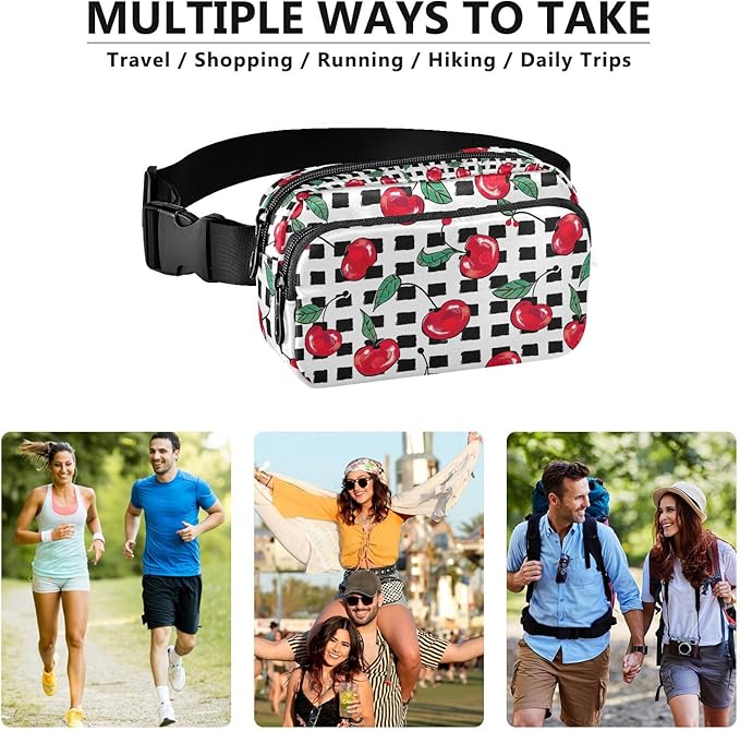 Cherry Fruit Black White Checkered Plaid Fanny Pack for Women Men Water Resistant Fashion Waist Packs with Adjustable Strap Belt Bag for Travel Workout Jogging Hiking 21219425