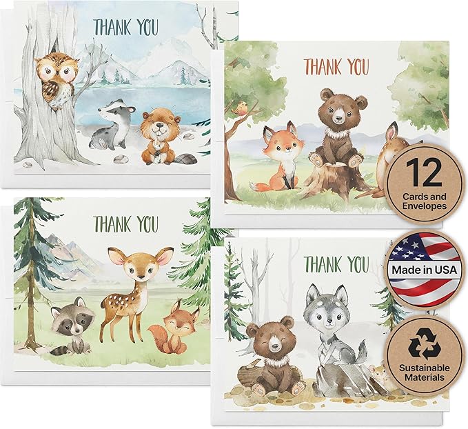 Twigs Baby Shower Thank You Cards with Envelopes - 12 Set Baby Shower Cards for Girl, New Baby Congratulations Cards, Welcome Baby Card, Made in the USA - Forest Animal Designs, 5.5 x 4.25 Inch Size