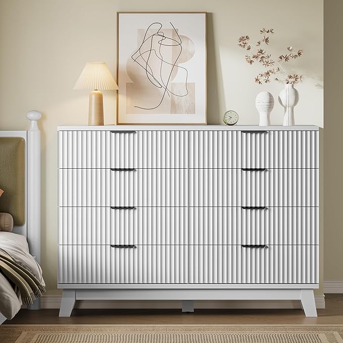 BORNOON 53" Tall Dresser for Bedroom, 8-Drawer Fluted Chest of Drawers, Modern Wood Highboy with Metal Slides and Handles, Anti-Tip Kit, Vertical Clothes Storage Organizer for Apartment, Closet