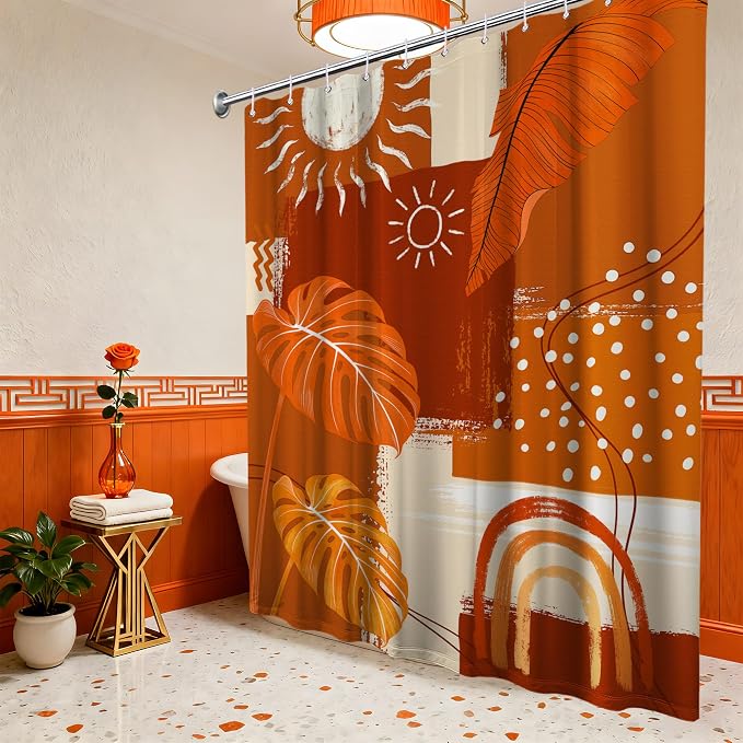 Small Stall Narrow Shower Curtain Burnt Orange Stand Up Mid Century Modern Leaf Shower Curtains for Rv Camper Bathroom Decor Sets, Waterproof Cloth Fabric with Hooks, 36 x 72 Inch