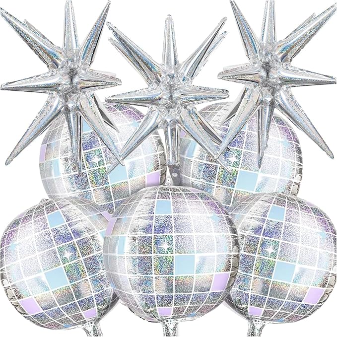 OuMuaMua Disco Ball Balloons for 70s 80s Disco Party Decorations, 22 Inch Large 4D Iridescent Disco Metallic Balloons with Stars for Disco Themed Party, Birthday New Year Bachelorette Decor, 8pcs