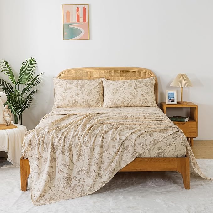 Zusbest Full Size Sheets 100% Percale Cotton Beige Floral Bed Sheet, Brushed for Extra Softness, Breathable Luxury Toile Flannel Sheets Like Khaki Flower Print Deep Pocket Bed Set 17.5'' 4 Pcs