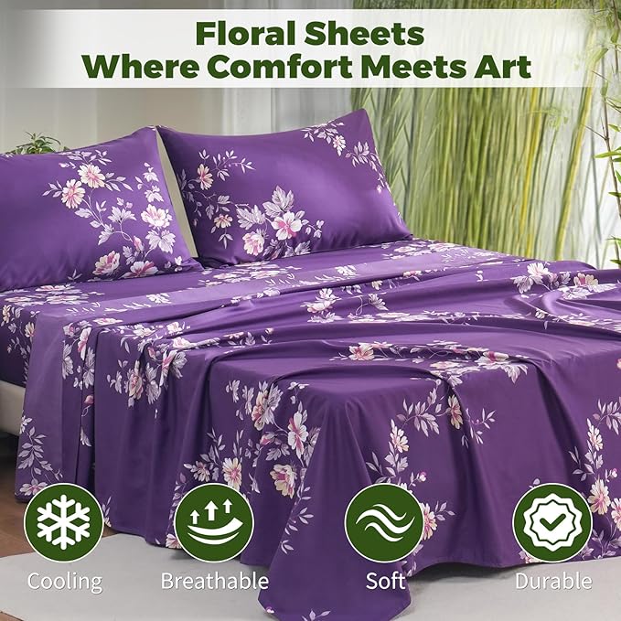 Bedlifes Twin Floral 3-Piece Sheet Set - Cooling Sheets Blend Rayon Derived from Bamboo,Soft & Breathable, Deep Pocket 16", Wrinkle Resistant - Vibrant Boho Floral Dark Purple