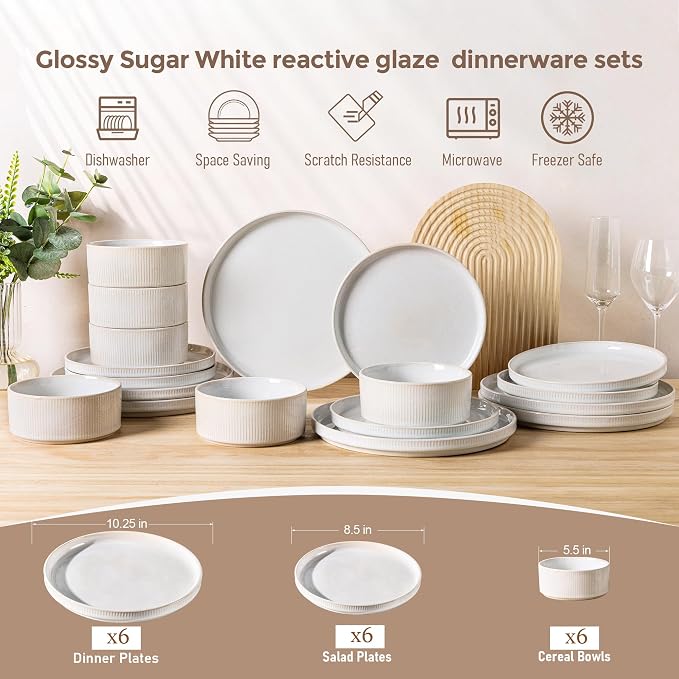 GBHOME 18-Piece Stoneware Dinnerware Set for 6 – Ribbed Ceramic Plates and Bowls, Scratch-Resistant, Microwave & Dishwasher Safe, Reactive Glaze, Sugar White