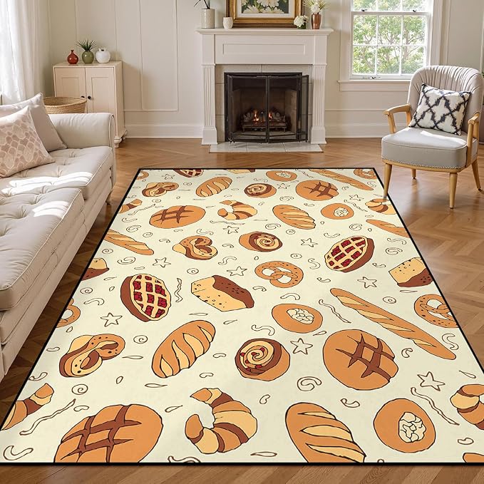 Cute Bread Area Rug 3D Cattoon Carpt Waffle Croissant and Muffin Rugs for Entryway Bedroom Living Room Kitchen Home Decor Washable Non Slip Floor Mat,2'x3'