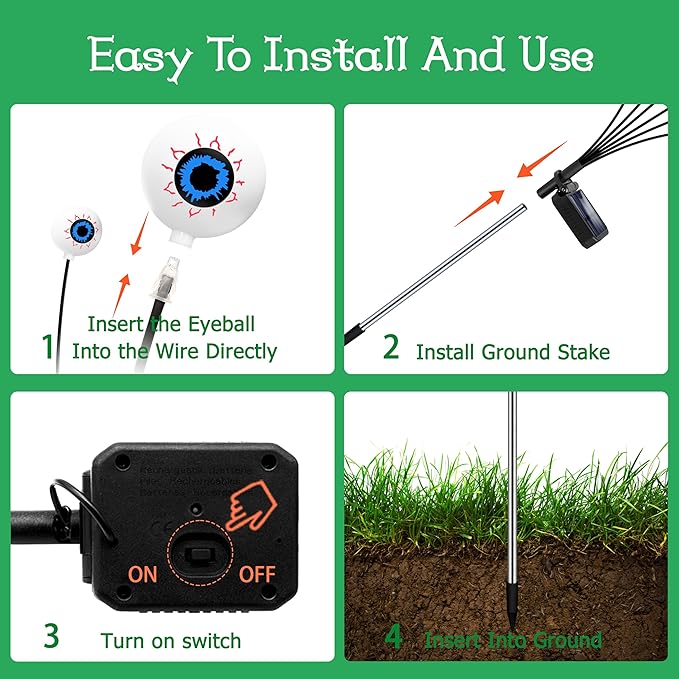 Kohlrabi Halloween Decorations Outdoor, 4 Pack 24 LED Solar Scary Eyeball Swaying Lights, Green Solar Firefly Lights Waterproof Outdoor Garden Light for Halloween Yard Garden Lawn Party Flower Bed