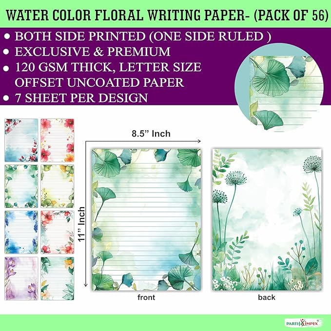 PARTH IMPEX 56 Sheets Watercolor Floral Lined Writing Paper 8.5x11 - Letter Size Ruled Stationery Letterhead Printer Paper - 120gsm Thick Decorative scrapbooking Colored Antique Aged Flowers Design