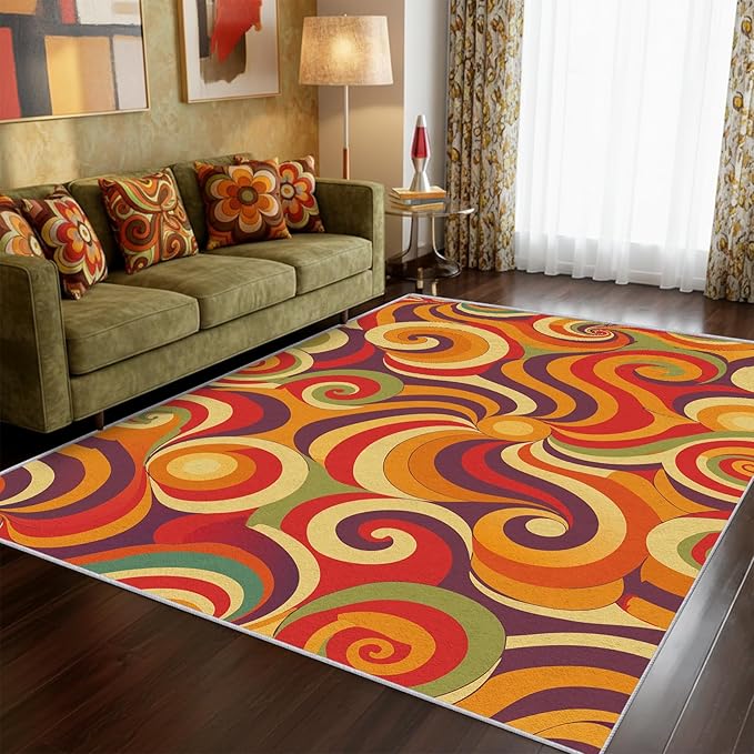 70s Retro Rug Large 7x10 Swirl Psychedelic Groovy Hippie Pop Pattern Area Rugs for Living Room, Bedroom, 70s Retro Home Decor Accessories Indoor Carpet, Non Slip & Machine Washable, GD0321