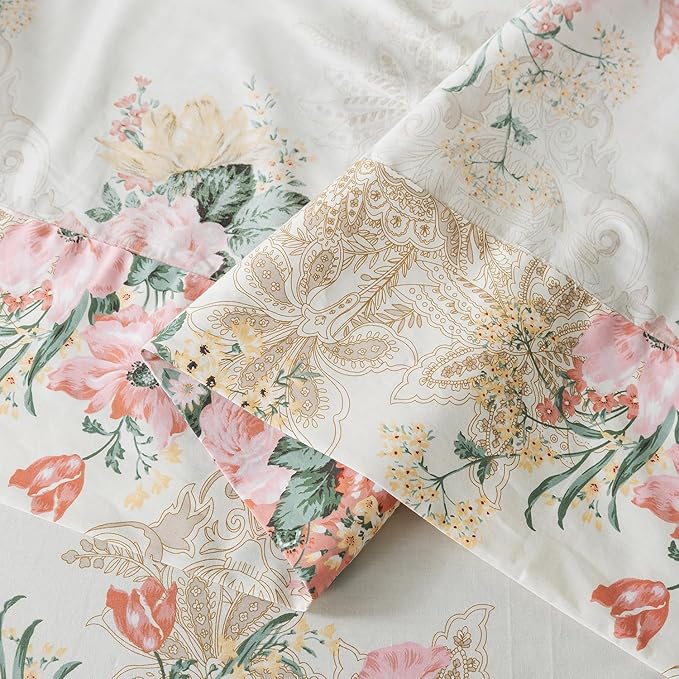 Zusbest Full Floral Bed Sheets, Soft 100% Cotton Pink & Cream Sheets, Shabby Vintage Chic Peony Flower Printed Paisley Bed Set, Breathable Luxury Bedding 4 Piece Deep Pocket 17.5‘’