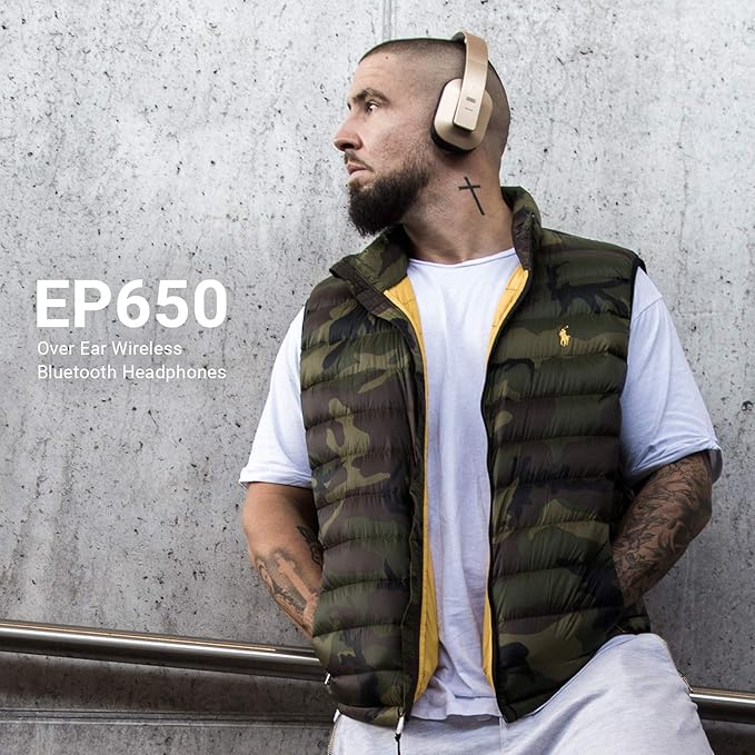 August EP650 Bluetooth Wireless Over-Ear Headphones with aptX Low Latency, NFC, Multipoint Pairing, Wired Option, Built-in Microphone - Gold