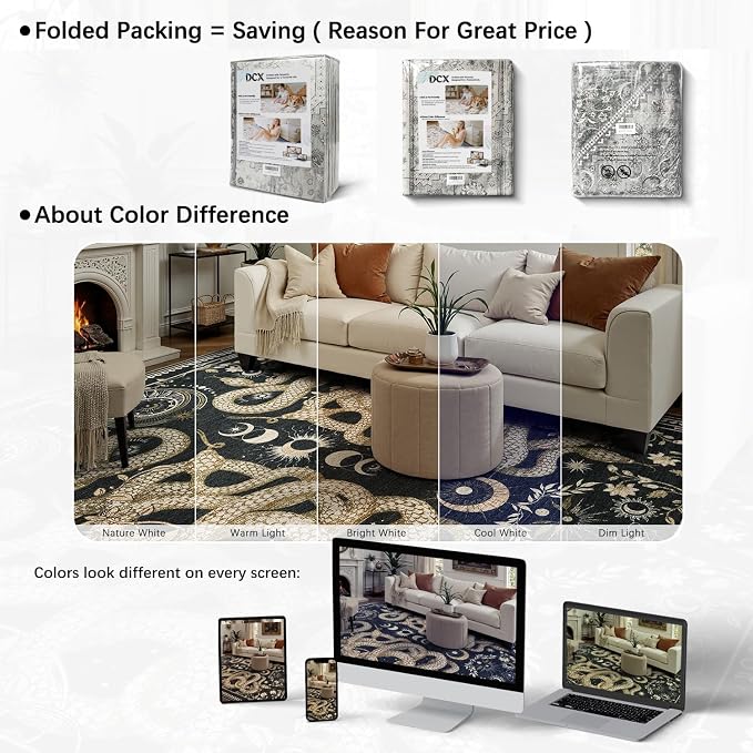 DCX Washable 3x5 Snake Rug, Black Gothic Rug for Living Room, Soft Low Pile Carpet, Kid & Pet Friendly with Rubber Back Non Slip, Stain Resistant Rug for Bedroom Dining Room Office