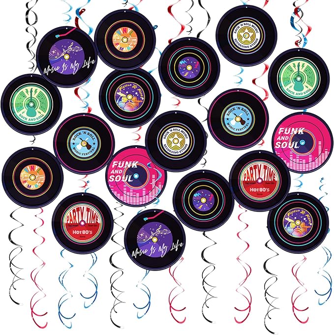 Rock and Roll Record Party Hanging Swirls, 48 Pcs, Music Theme Disco Party Decorations, Vinyl Record Design for 90s Or 50s Style Rock Music Dj Party Supplies, Black and Multicolor