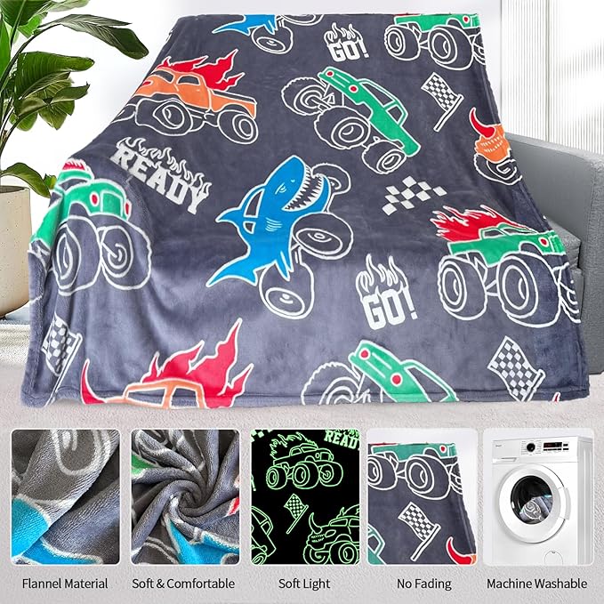 Truck Blanket for Boys, Glow in The Dark Blanket for Kids/Toddler/Baby, Soft Fleece Blankets and Throw, Birthday 40"x 60"