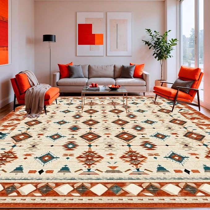 Flatwoven High Traffic Area Rug 5x7, Southwestern Aztec with Detailing, Non Slip, Stain Resistant, Washable Area Rugs for Living Room, Bedroom (Beige, 5x7)