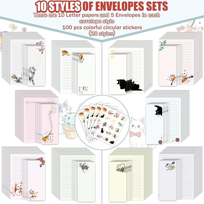 EggSun 250Pcs Cute Stationery Paper and Envelope Set with 100 Letterhead Papers and 50 Envelopes, 10 Design for Letter Writing Invitations Computer Holidays Party Notes, 8.5x11 Inch- Lined Cat