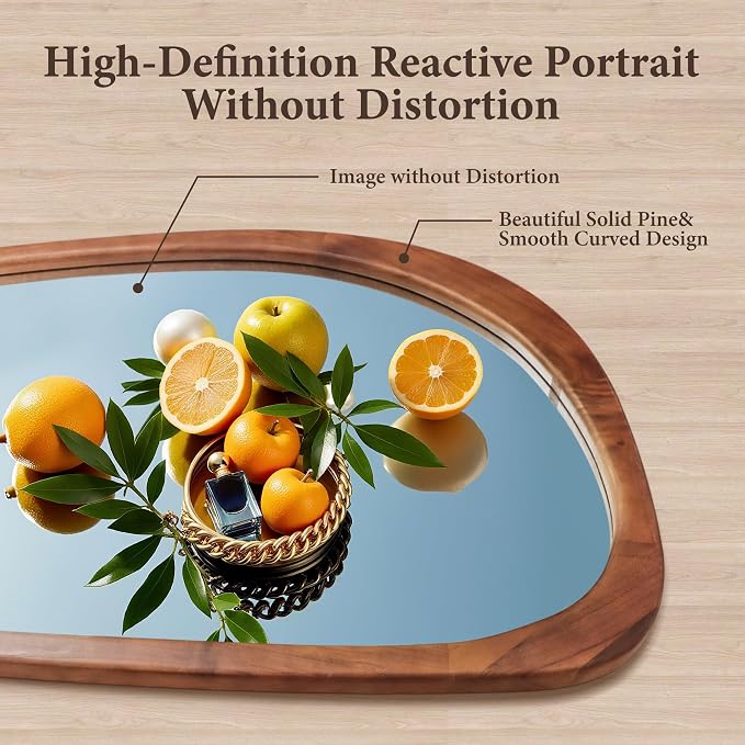 30''x20'‘Asymmetrical Mirror with Wood Frame, Small Irregular Wall Mirror Odd Shaped Mid Century Modern Mirror Decor for Bedroom Living Room Entryway Hall
