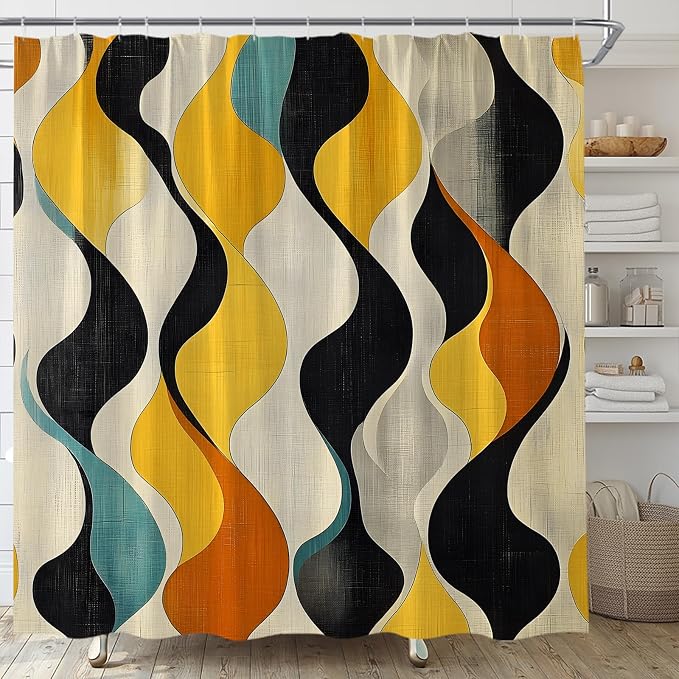 Mid Century Shower Curtain Boho Minimalist Modern Abstract Aesthetic Geometric Striped Atomic Retro Earthy Fabric Bathroom Decor Set with Hooks(47" WX70 H)
