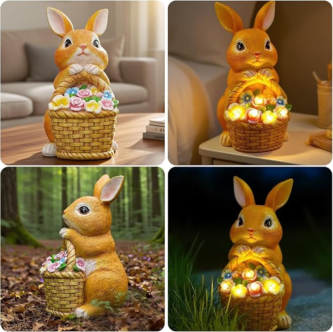Garden Solar Rabbit Outdoor Statues - 6x4.7x8.5in Waterproof Decor for Yard Lawn Patio Porch Balcony - Easter Christmas Mother’s Day Birthday Housewarming Gifts for Women Mom Grandma
