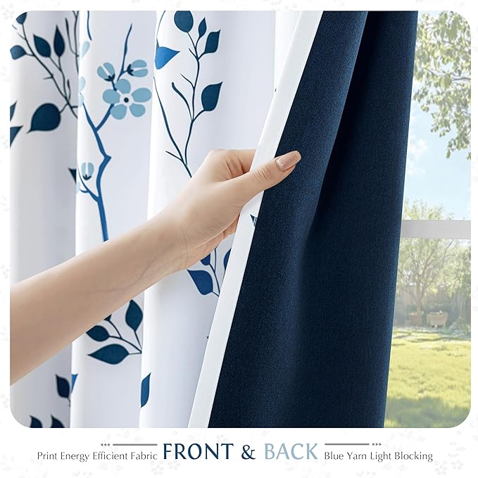 Beauoop Floral 100% Blackout Curtains 84 Inches Long 2 Panels for Bedroom Living Room Navy Blue and White Flower Patterned Room Darkening Thermal Soundproof Rod Pocket Back Tab Window Drapes, 52X84