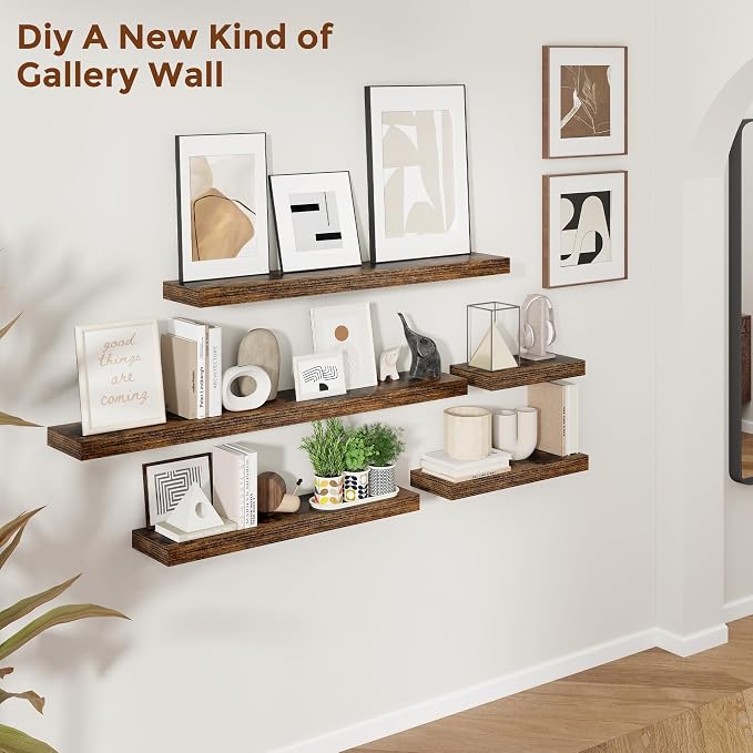 Heimlove 48 Inch Floating Shelves for Wall 8 Inch Deep Rustic Brown Shelves Set of 2,Wall Mounted Rustic Wood Long Floating Shelf，Large Display & Storage Shelf with Invisible Brackets