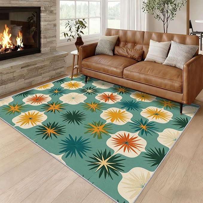 Mid Century Modern Rugs for Living Room Decor, 6x9 ft, Retro Geometric Flower Area Rugs for Bedroom, Soft Non Slip Washable 70s MCM Atomic Carpet Home Decorations D-g48