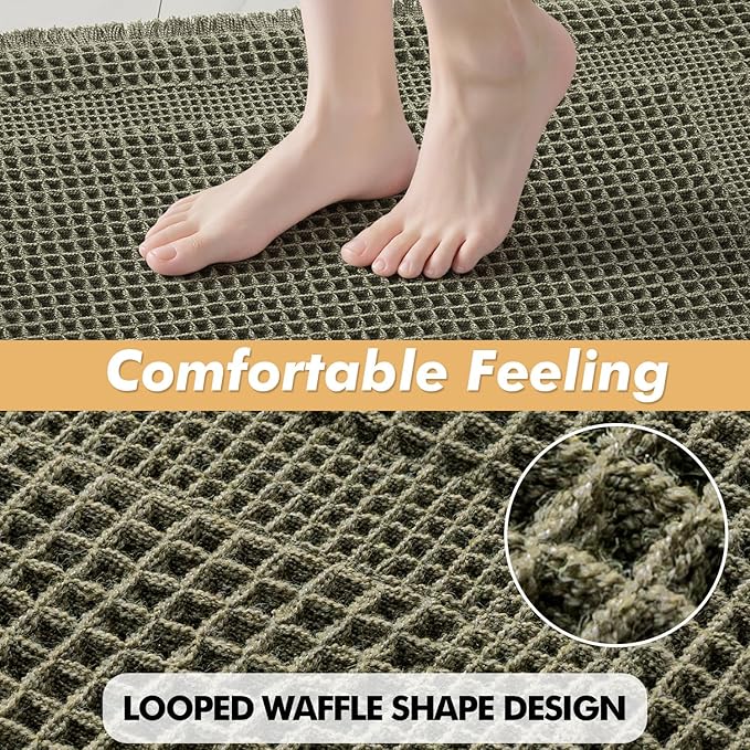 MIULEE Set of 2 Waffle Bathroom Rugs, Boho Bath Rug Super Absorbent, Non Slip Washable Ultra Soft Rubber Backed Shower Bath Mats for Floor, Tub, Shower, Looped Design, Green, 24x36 Inch