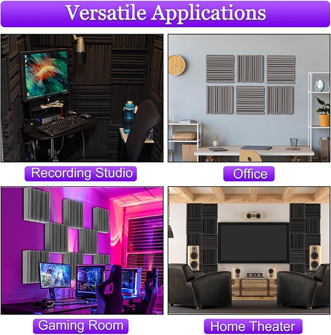 TroyStudio Self-adhesive Acoustic Foam Panels, 12 X 12 X 2 Inches 6 Pcs Broadband Sound Absorbing Foam, Dense Soundproof Padding Tile, Recording Studio Foam Absorber, Groove Decorative Wall Panel
