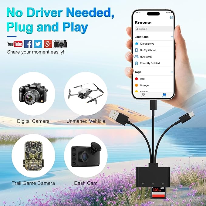XD Card Reader, SD Card Reader for iPhone, 3 in 1 SD/TF/XD Memory Card Reader Adapter for Lightning/USB C/USB A Device, XD Picture Card Adapter iPhone 17/16/15/14, iPad, MacBook, Android, Camera & PC