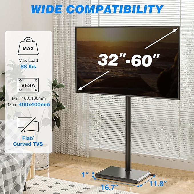 Rfiver Swivel Floor TV Stand with Mount for 32-60 inch TVs up to 88 lbs, Height Adjustable Tall TV Stand with Wood Base, Saving Space Design for Bedroom, Living Room and Corner, Max VESA 400x400mm