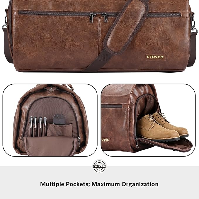 STOVER Garment Travel Duffle Bag, Large 2-in-1 Convertible Carry-on Luggage for Men & Women- Hanging Suits, Dresses & Clothes + Shoe Compartment- Weekender Tote Combo Duffel (Brown Leatherette)