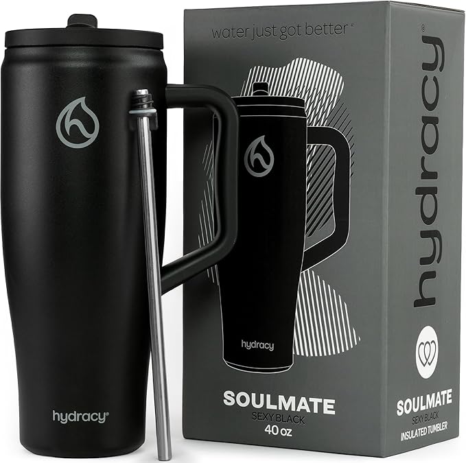 Hydracy 40 oz Tumbler with Handle and Straw, Stainless Steel Insulated Travel Cup with No Spill Rotatable Flip Lid for Left or Right Hand Use, Rubber Base, Fits in Cup Holder - Sexy Black