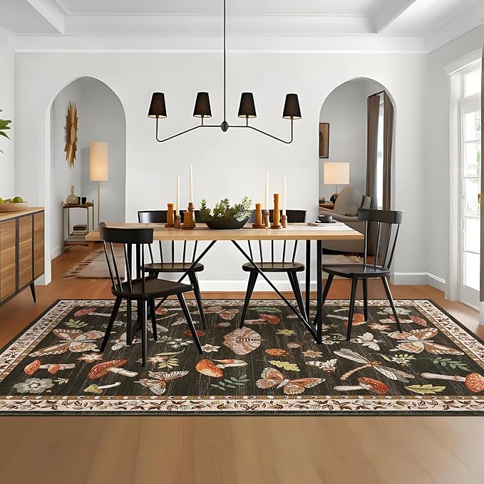 Washable 8x10 Mushroom Floral Rugs for Living Room Low Pile Soft Bedroom Large Accent Carpet Non Slip Non Shedding Nursery Playroom Carpet Mats Boho Vintage Brown Carpets for Dining Apart Dorm, Brown