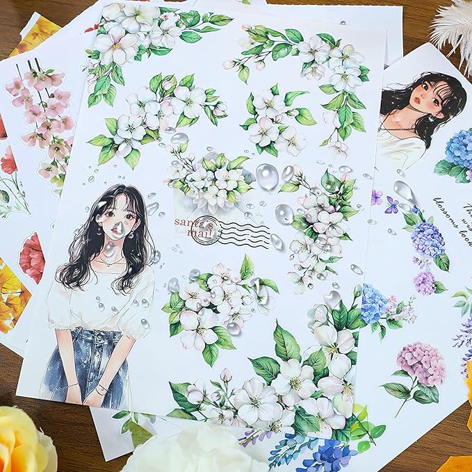 Snycler Sticker Book - 20 Sheets Vintage PET Stickers for Scrapbooking, Junk Journaling, Ephemera, and Decorative Crafts-Blossom and Winter