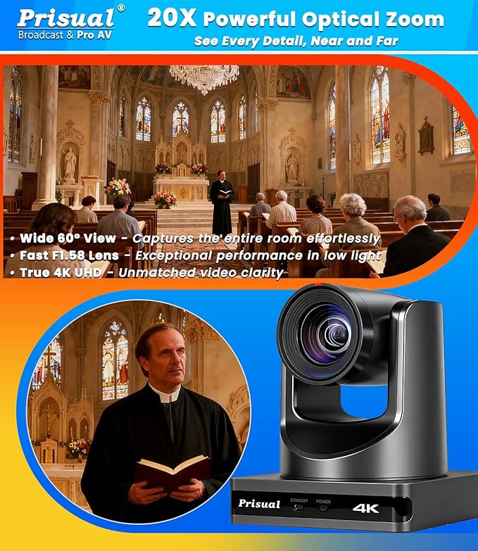 Prisual 4K HDMI/IP/USB PTZ Camera 20X, Advanced PTZ Auto Tracking Camera, 1/1.8”4K UHD 30P with Built-in Tally Light for Church Conference Events, PoE, PT20X-4K (NDI upgradable)
